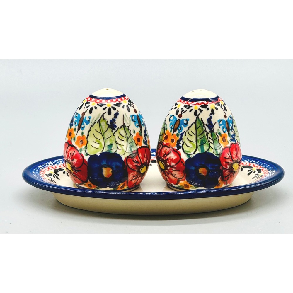 Polish Pottery Salt Pepper Shaker Floral Butterfly Unikat Tray Underplate Signed